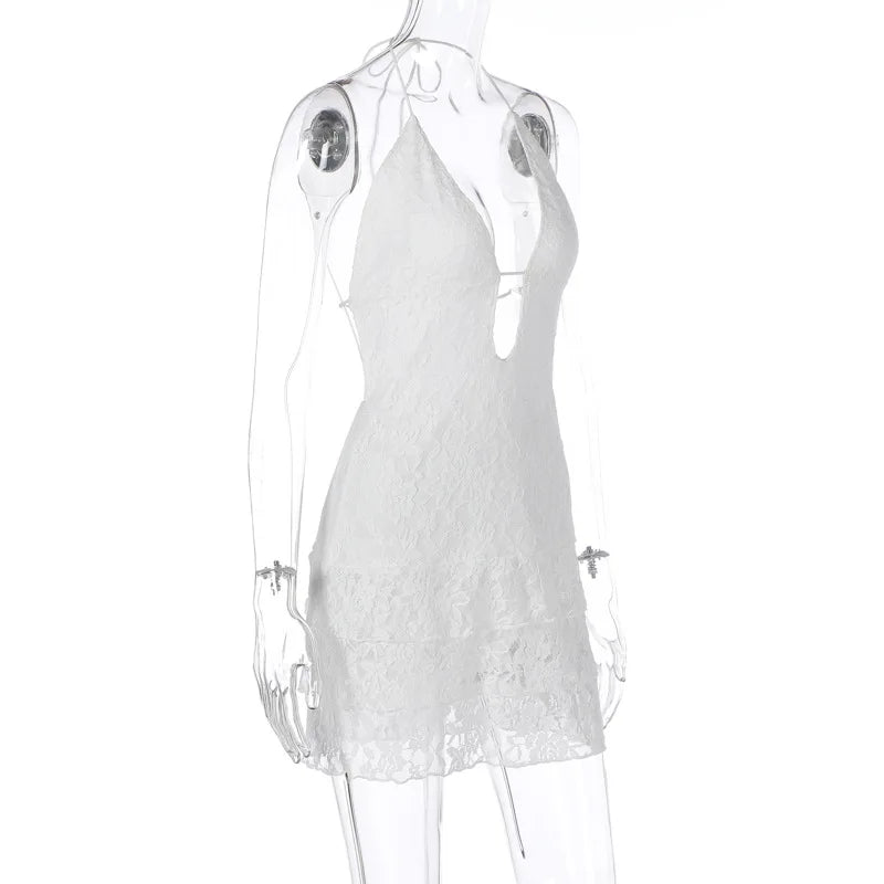 Articat 2024 Summer New Sexy Hollow Out Lace Up Hanging Women Dress Temperament Vestido Short Skirt Slim Party Vacation Beach