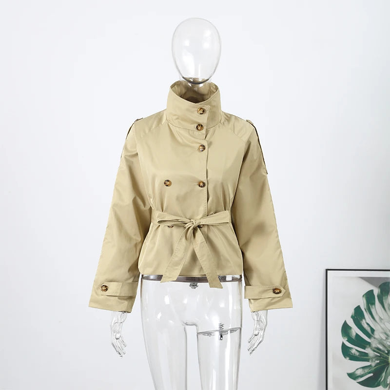Fashion Belt Short Trench Coat Women Stand Collar Double Breasted Pocket Long Sleeve Coats 2025 Autumn Lady Commute Chic Outwear
