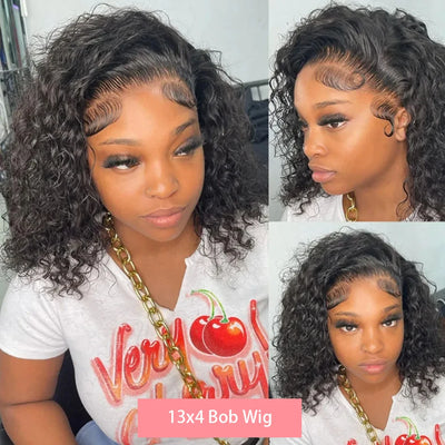 Brazilian Deep Water Wave Bob Wig 13x4 Lace Frontal Wig 100% Human Hair Short Curly 4x4 Closure Wig Preplucked Remy Hair 14 Inch
