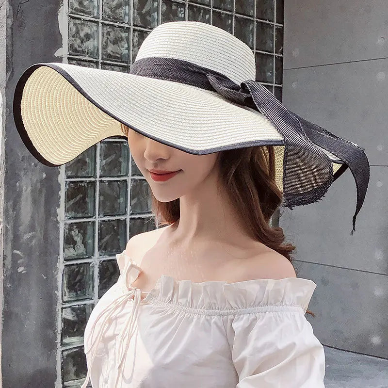 Summer straw hat beach Korean style seaside large brim outdoor sun protection sun hat vacation foldable straw hat  여름모자  모자