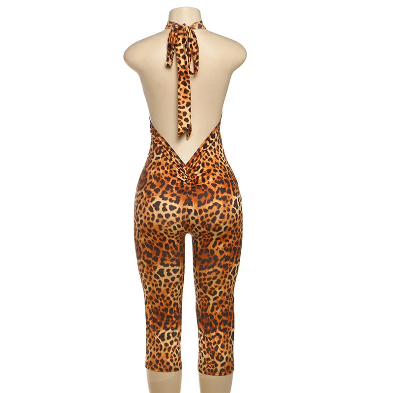 Floral Print Summer Skinny Capris Pants Jumpsuits Women Sexy Sleeveless Lace Up Halter Backless Ruched Peach Hips Slim Rompers