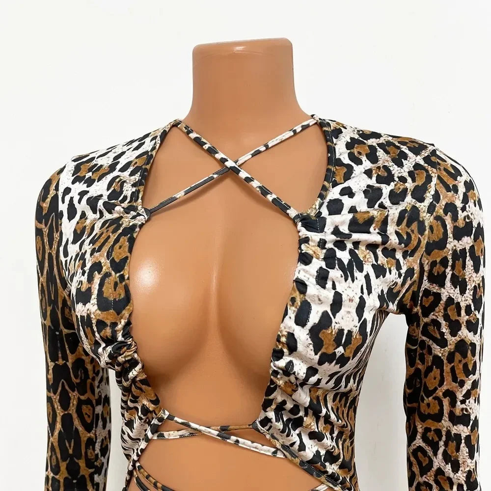 HLJ Sexy Backless Lace Up Leopard Bodycon Jumpsuits Women O Neck Long Sleeve Skinny Pants One Piece Playsuits Fashion Overall