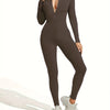 Fall new hot sale sexy bodysuit for women solid color ribbed long sleeve zipper bodycon sporty clothing rompers women's jumpsuit