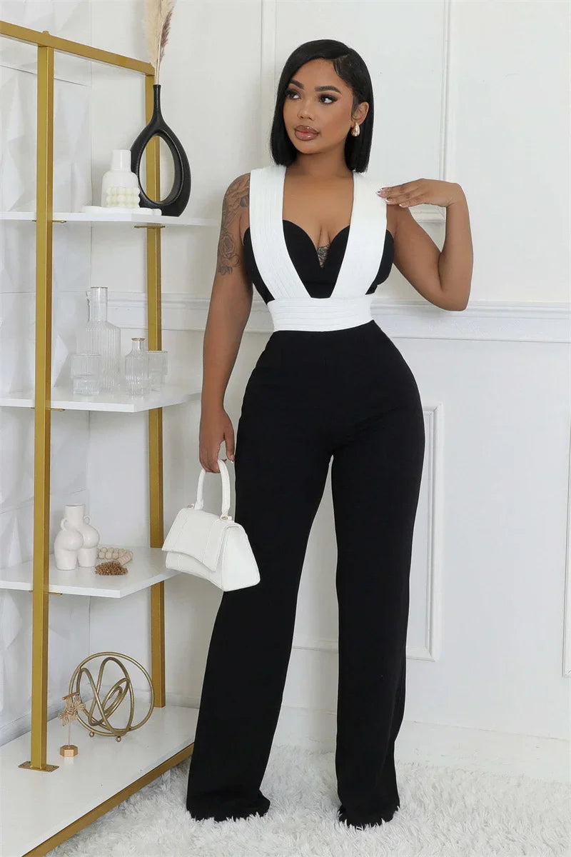Elegant Fashion Overall Jumpsuit Women Night Club Party Sleeveless Patchwork Birthday Bandage Wide Leg Rompers Combinaison Femme