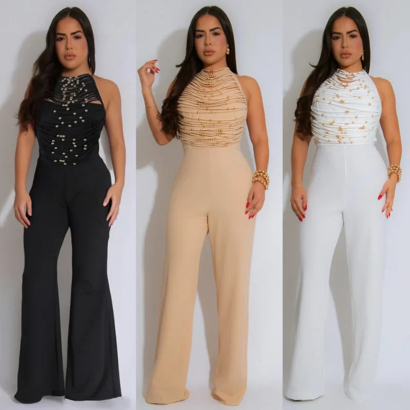 Sexy Halter Backless Jumpsuits Woman Elegant High Waist Flare Pants Sleeveless Beading Ruched Party Romper Birthday Club Outfits