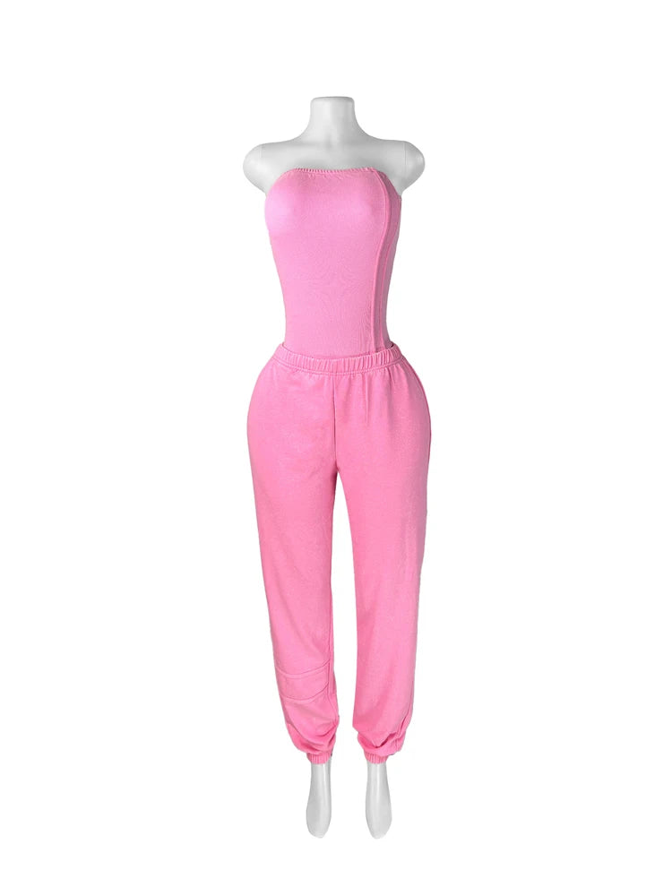 Sexy Tracksuit Cotton Washed Strapless Bodysuit and Jogger Pants Set 2025 Trendy Women Clothes Jogging Suit 2 pcs Two Piece Sets