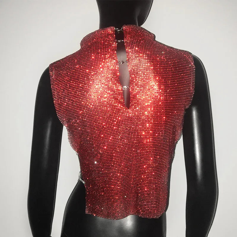 Sexy Rhinestone Backless Party Crop Top Women Glitter Turtleneck TShirt Adjustable Metal Chain Summer Nightculb Diamond Tank Top