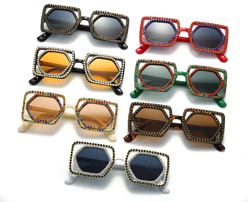 Square Luxury Diamonds Sunglasses Women Punk Fashion Rhinestone Sun Glasses Female Shiny Sexy Yellow Lens Eyewear Shade Handmade