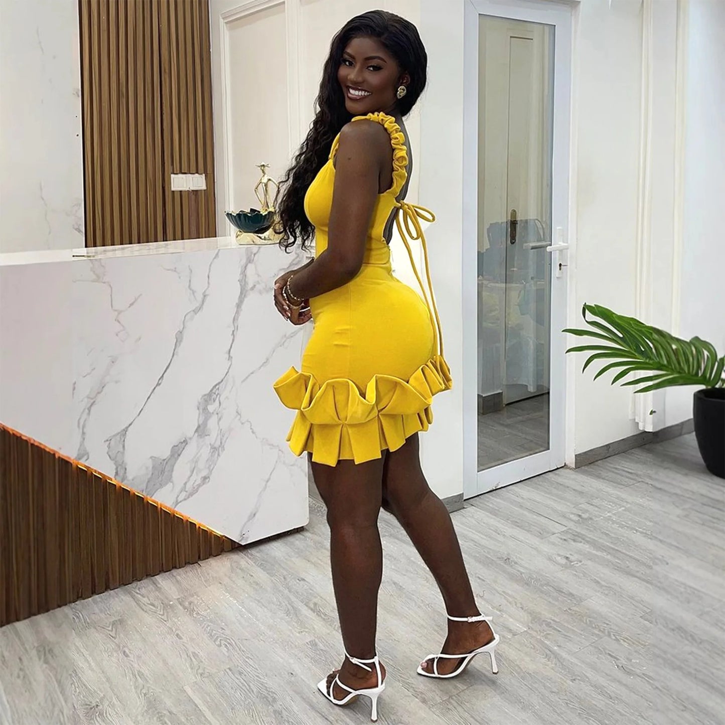 CM.YAYA Women Spaghetti Strap Sleeveless V-neck Mini Dress 2025 Summer Ruched Stacked Party Evening Night Club Chic Dresses