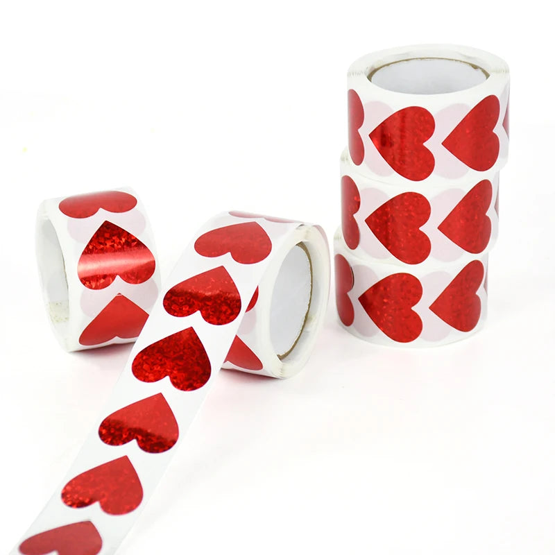 300Pcs/roll Sparkle Heart Stickers Red Love Scrapbooking Adhesive Sticker for Valentines Day Wedding Gift Box Bag Decoration 1''