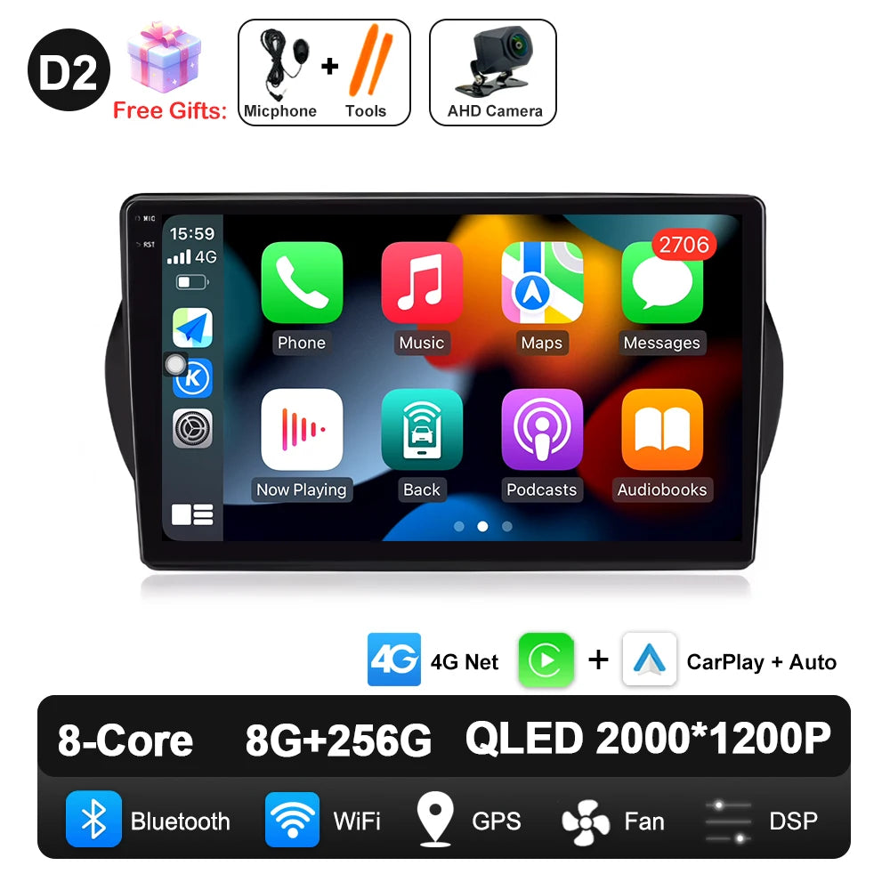 Android 14 For Fiat Fiorino Qubo Citroen Nemo Peugeot Bipper 2008 - 2017 Carplay Auto QLED Screen 4G Car Radio Multimedia Player