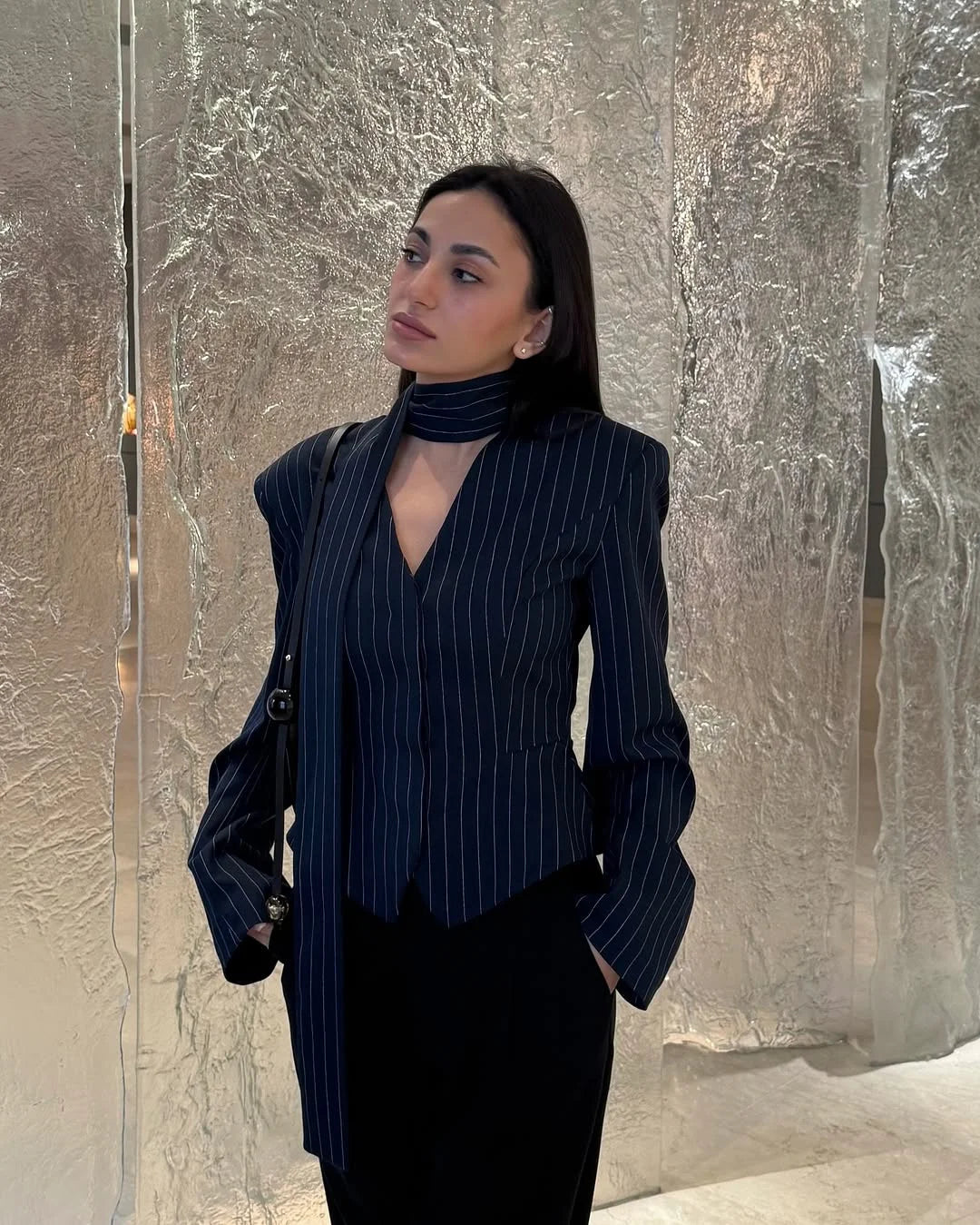 Tossy Elegant Female Striped Suit Coat For Women Scarf Lace-Up Patchwork V-Neck Long Sleeve Luxury Outwear Female Jackets Coat