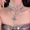 Goth Rose Flower Imitation Pearl Bead Cross Pendant Necklace for Women Multilayer Pearl Chains Aesthetic Vintage Luxury Jewelry