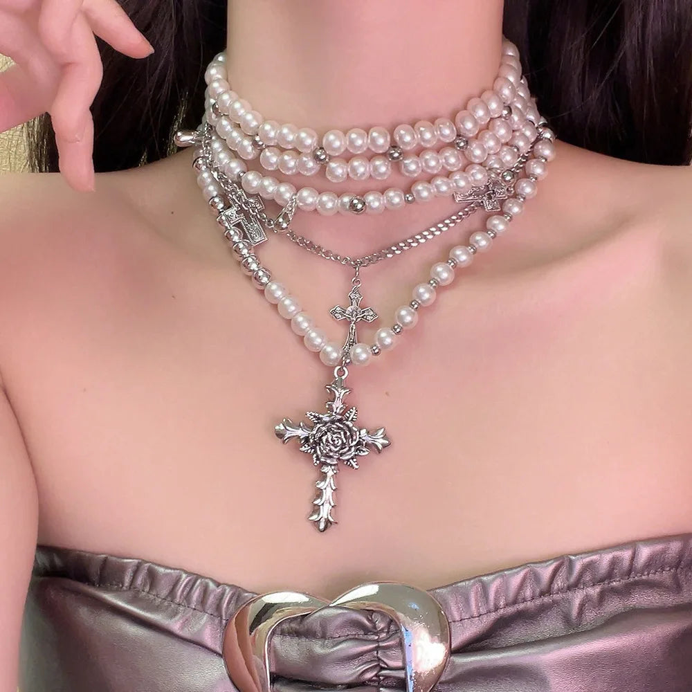 Goth Rose Flower Imitation Pearl Bead Cross Pendant Necklace for Women Multilayer Pearl Chains Aesthetic Vintage Luxury Jewelry