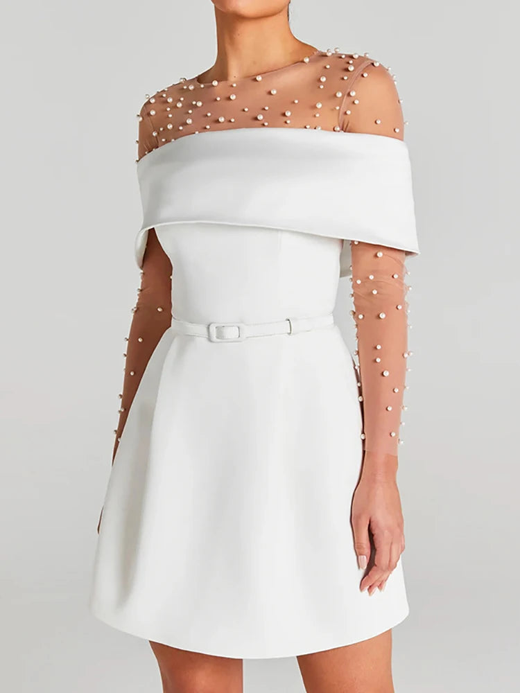 Women Belt Patchwork Short Sleeve Mini Dress, Spring Summer Fashion Slash Neck Party Dress, Solid Off The Shoulder Ladies Dress