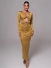 Mozision hollow out long sleeve sexy maxi dress for women fashion solid V neck back split bodycon club long dress elegant