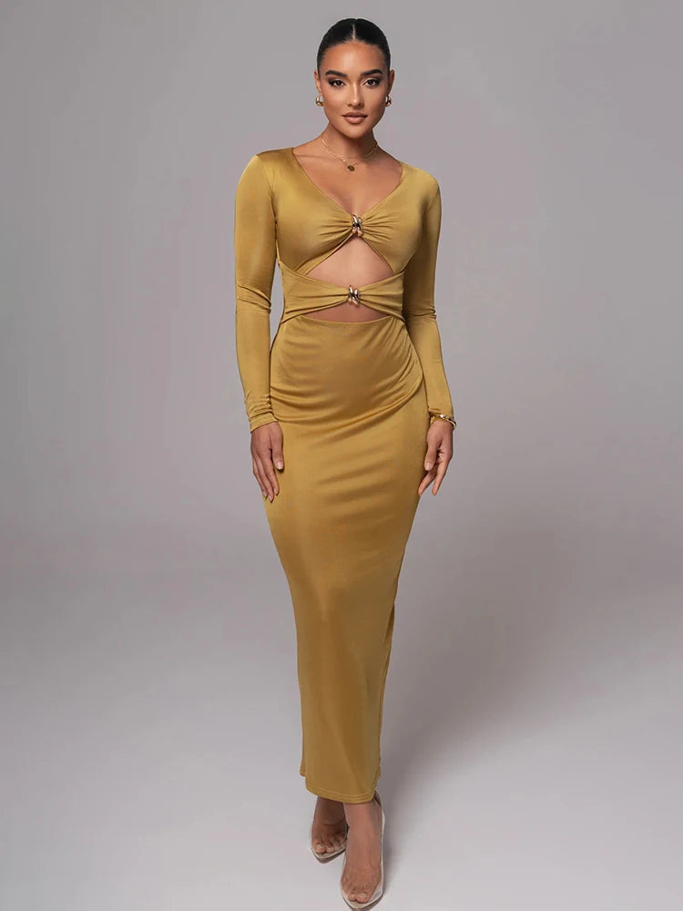 Mozision hollow out long sleeve sexy maxi dress for women fashion solid V neck back split bodycon club long dress elegant