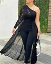 2025 Summer Women's Sexy Round Neck Rhinestone Sheer Mesh Sleeveless Jumpsuit with Belt New Fashion Rompers Womens Jumpsuit