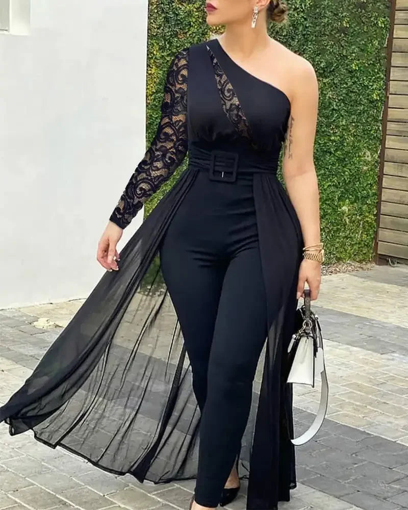 2025 Summer Women's Sexy Round Neck Rhinestone Sheer Mesh Sleeveless Jumpsuit with Belt New Fashion Rompers Womens Jumpsuit