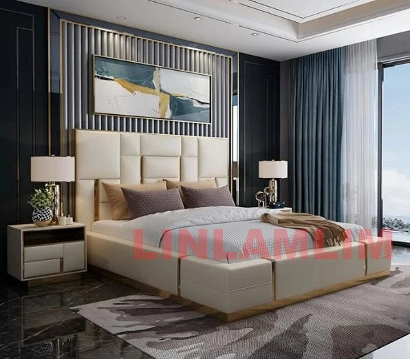 MANBAS Luxury Modern King Size Bed with Soft Upholstered Headboard and Storage Nightstands - Genuine Leather Bedroom Furniture