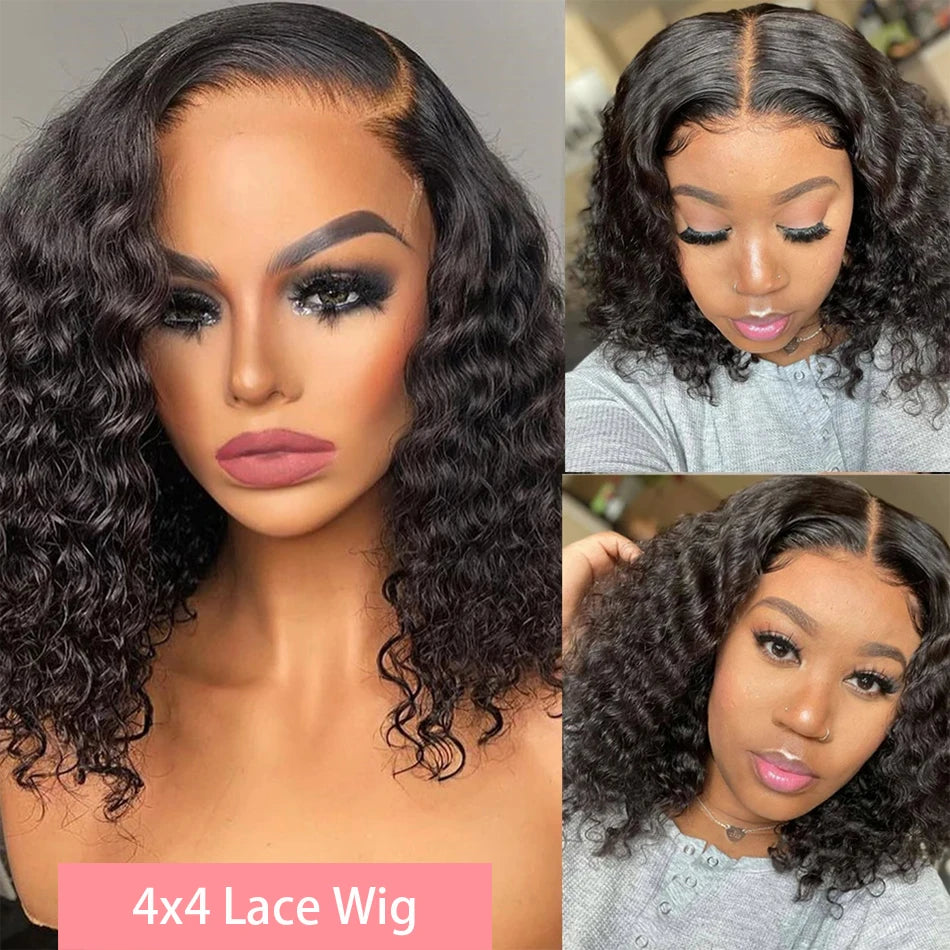 Brazilian Deep Water Wave Bob Wig 13x4 Lace Frontal Wig 100% Human Hair Short Curly 4x4 Closure Wig Preplucked Remy Hair 14 Inch