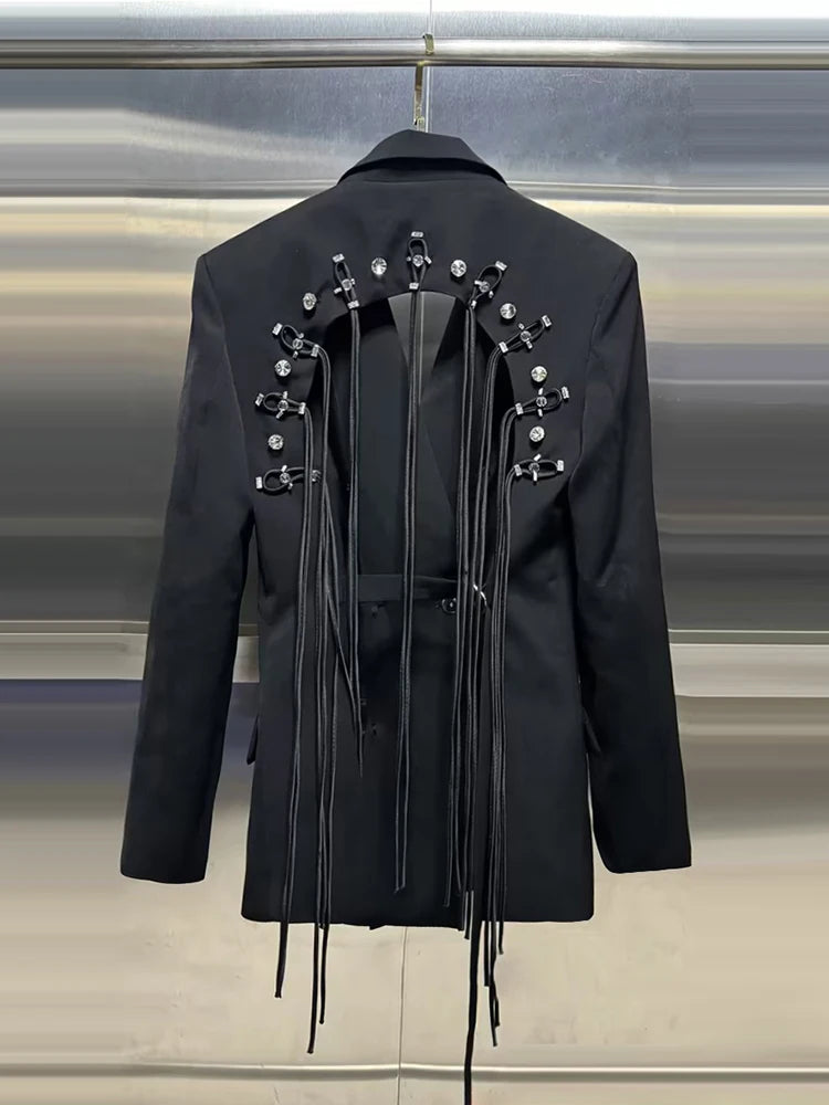 VGH Minimalist Patchwork Drawstring Solid Blazers For Women Notched Collar Long Sleeve Backless Hollow Out Blazer Female Style