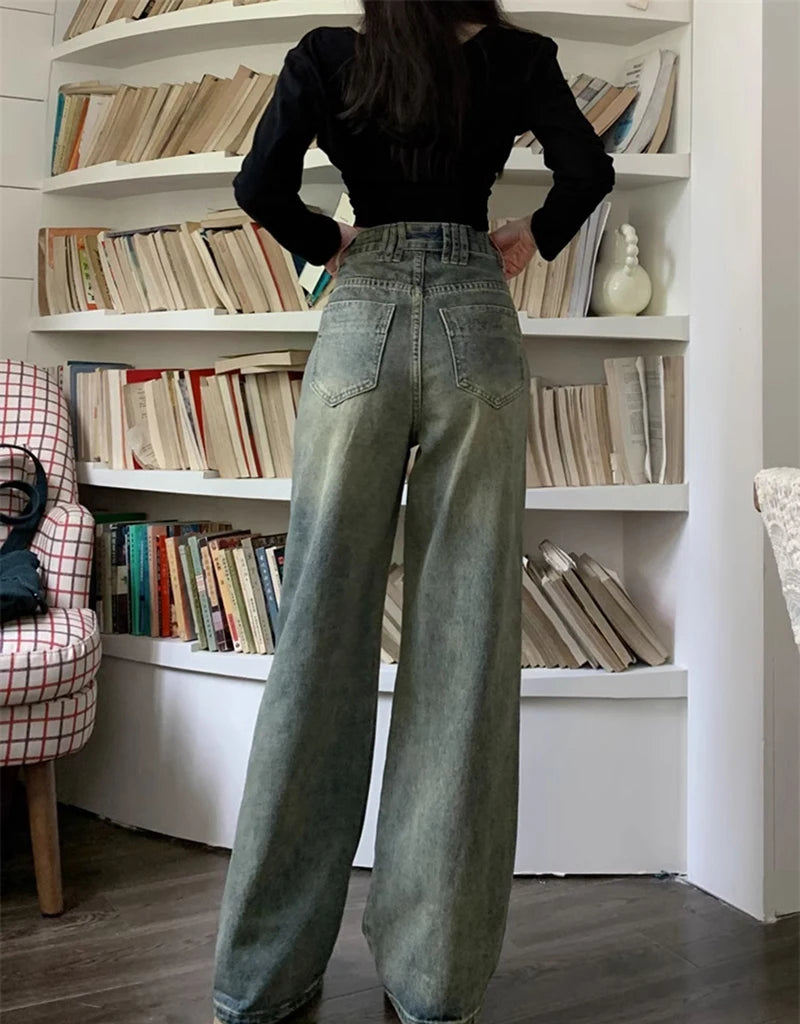 Retro Washed Vintage Jeans For Women In Autumn And Winter High Waisted Straight Leg Loose Wide Leg Pants Casual Pants