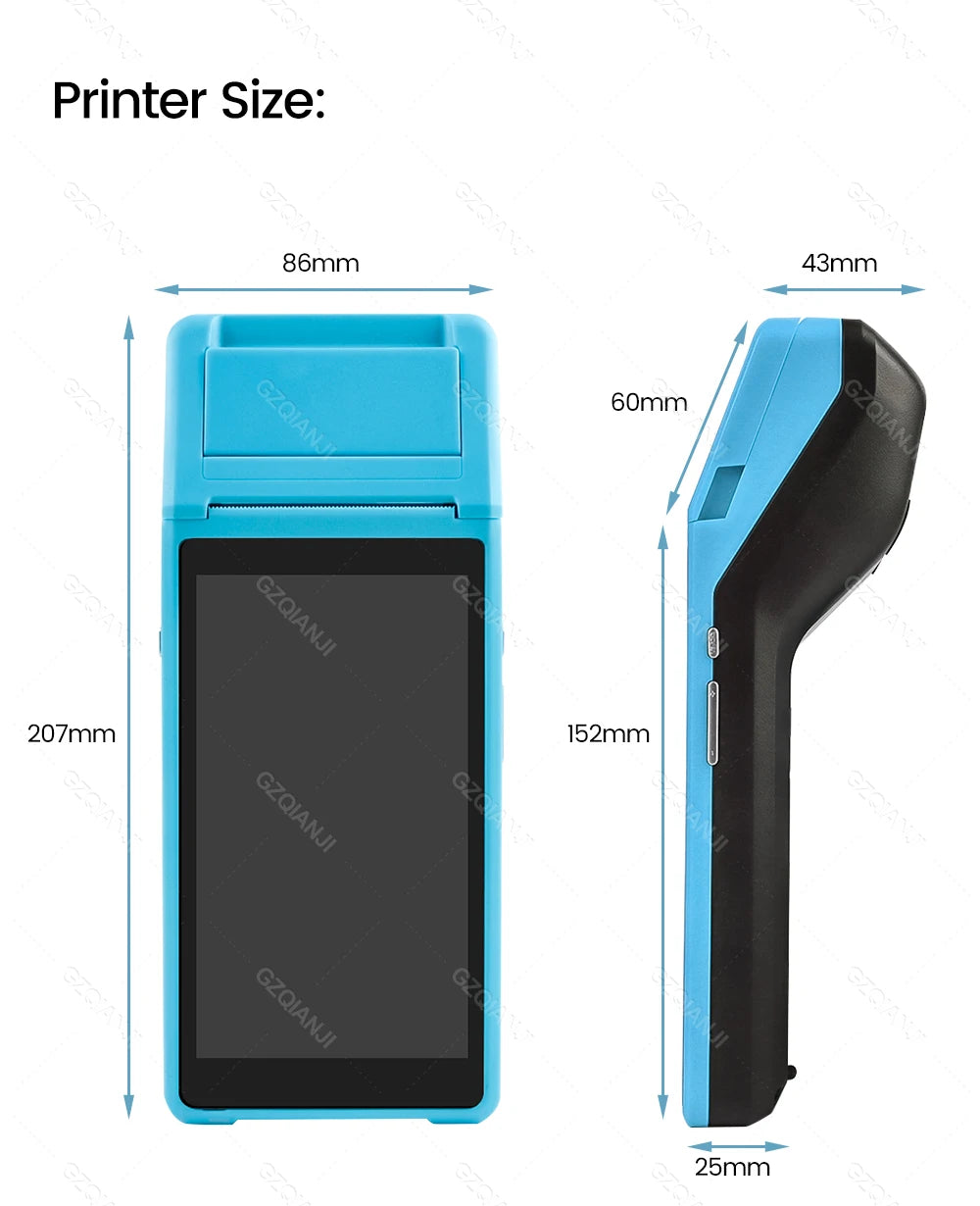 Handheld Commercial PDA Android 8.1/13 Bulit-in 58mm Thermal Receipt Printer NFC Optional for Cafeteria WIFI Bluetooth Connect