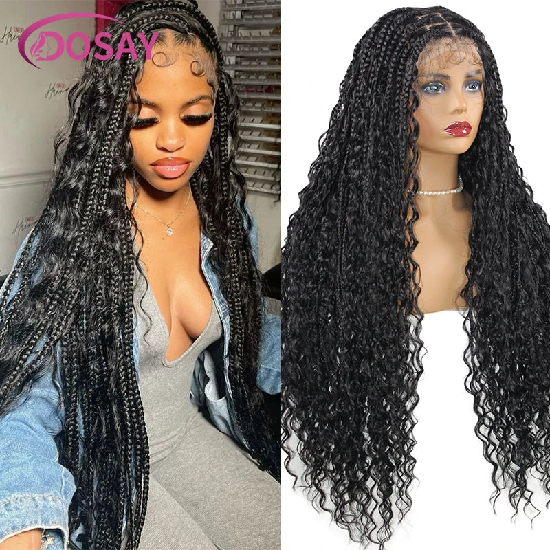 Boho Box Braided Wigs Curly Hair Synthetic Full Lace Front Wigs for Black Women Goddess Locs Braid Wig Bohemian Box Braid Wig