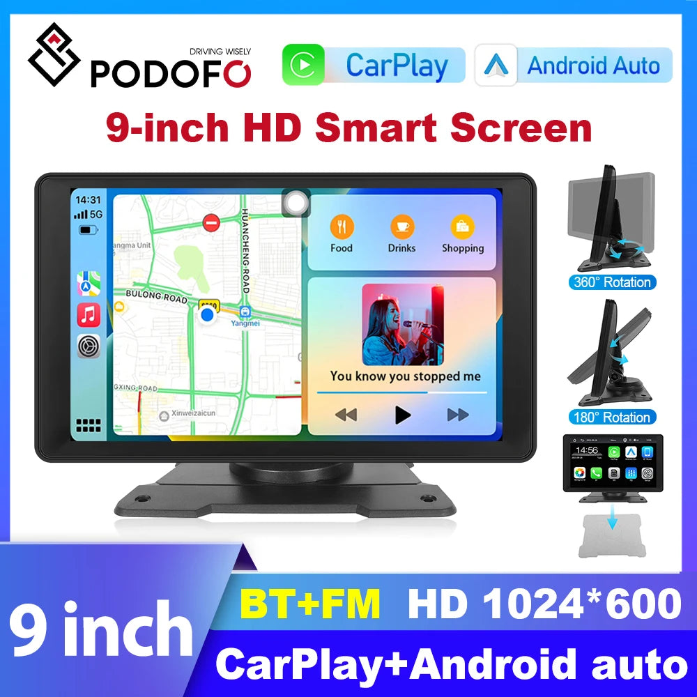 Podofo 9" Car Radio Multimedia Video Player Wireless Carplay Android Auto Car Mirror DVR Recorder Dashboard For Nissan Toyota