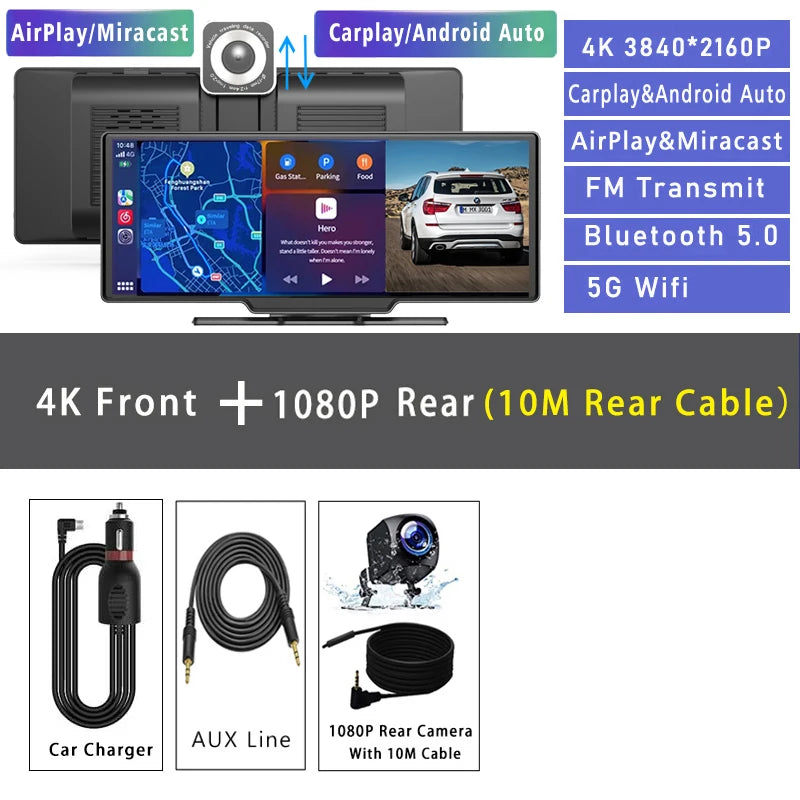 10.26“  Dash Cam 4K 3840*2160P Car Dvr Carplay Android Auto GPS 5G WIFI  Stream RearView Mirror Dashcam Camera Drive Recorder FM