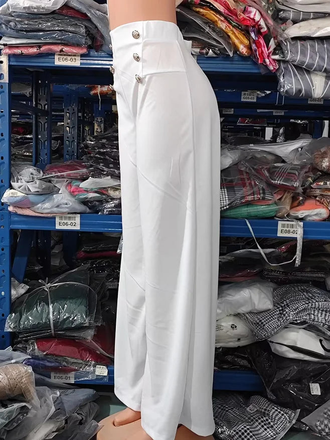 Summer Pants Women Button Decor High Waist Wide Leg Pants Elegant Loose Trousers Korean Fashion Streetwear