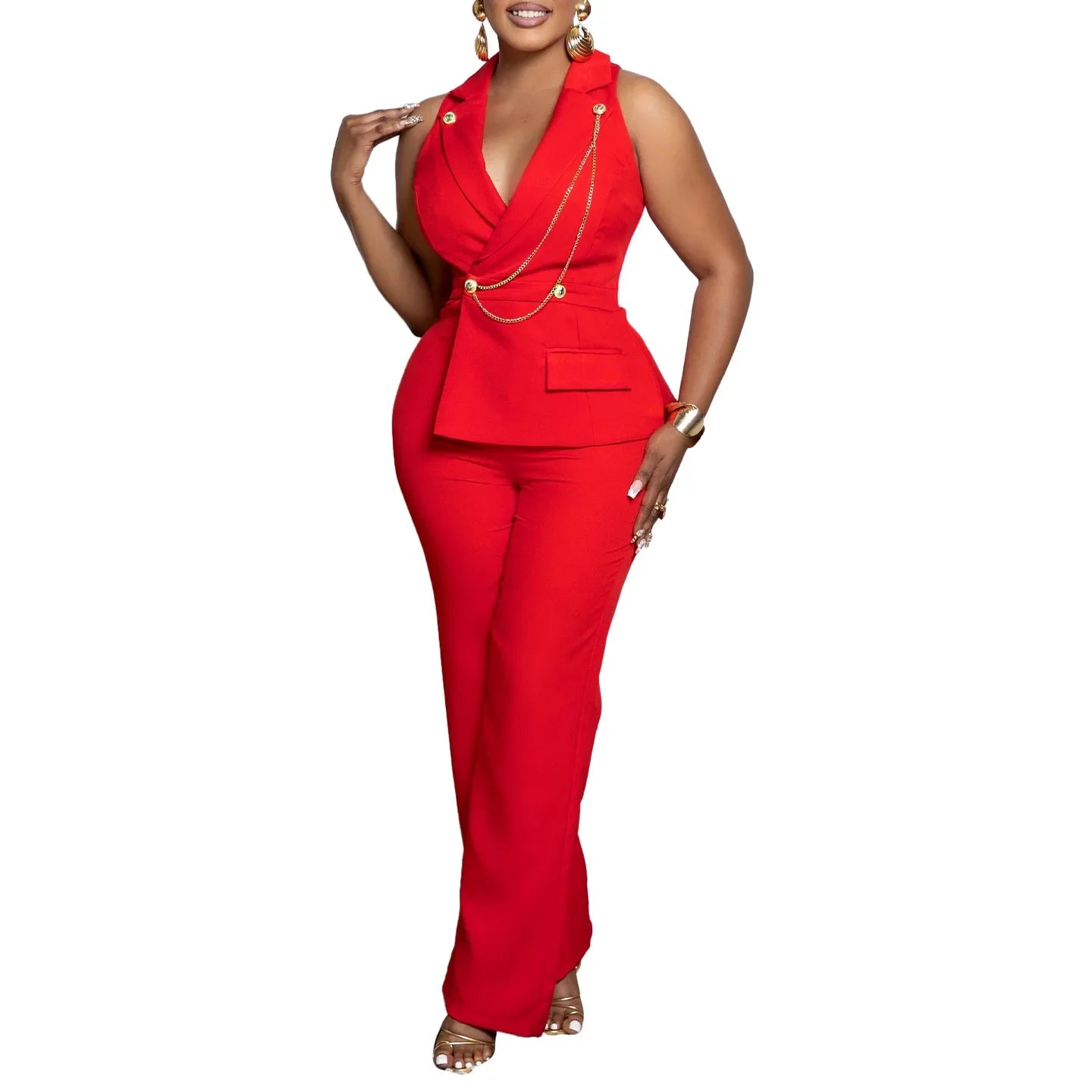 C8604 Foreign Trade Women's Fashionable Sexy Chain Collar Wide Leg African Jumpsuit Casual Style Long Dress For Ladies