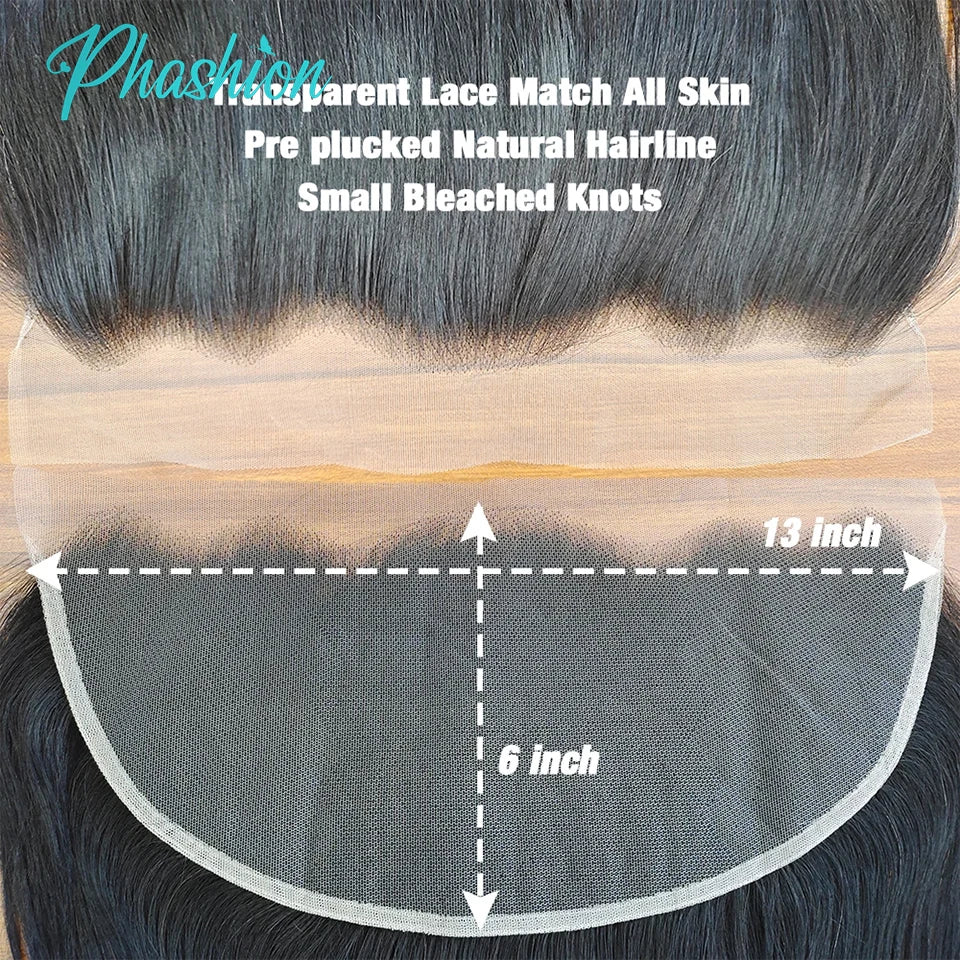 Phashion 26 28 Inch13x6 Lace Frontal Straight Pre Plucked Swiss HD Transparent Full Front Only Natural Black 100% Human Hair