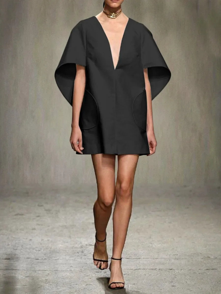 Yeezzi Fashion Black White Color Short Dress For Women 2025 New Spring Deep V-neck Half Sleeves Loose Prom Party Mini Dresses