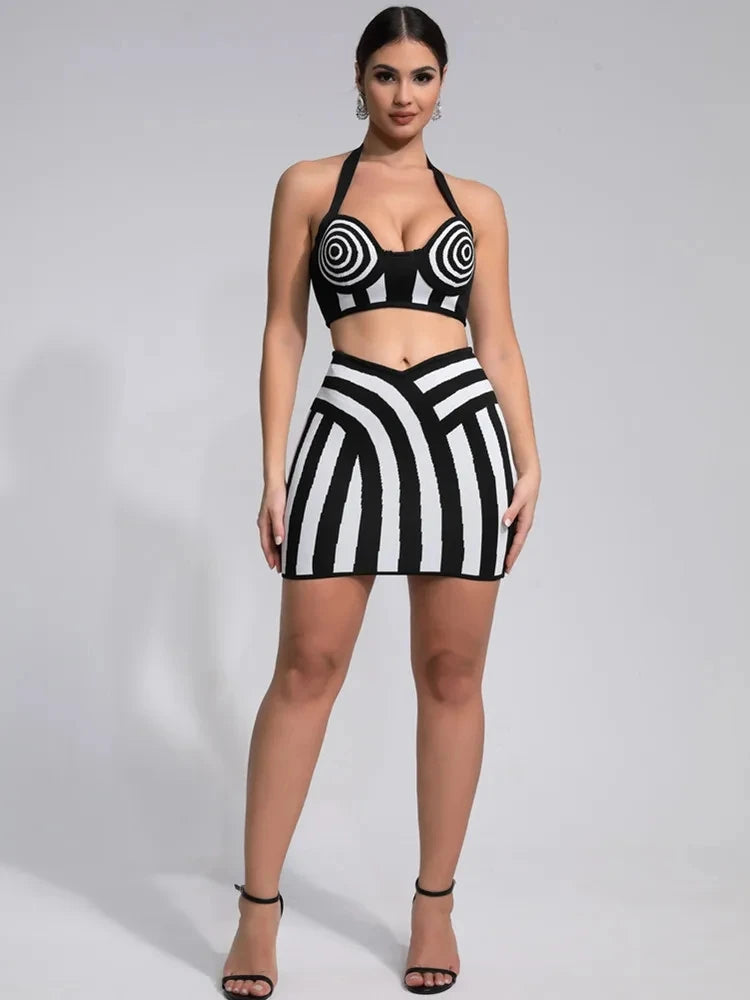 2025 New Women Celebrity Sexy Jacquard Black White Two Piece Bodycon Striped Bandage Skirt Set Designer Evening Party Dress