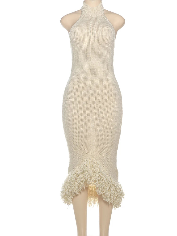 Weird Puss Knit Backless Dress Women Sleeveless Halter Summer Sexy Tassel Irregular Hem Clubwear Stretch Hipster Party Vestidos