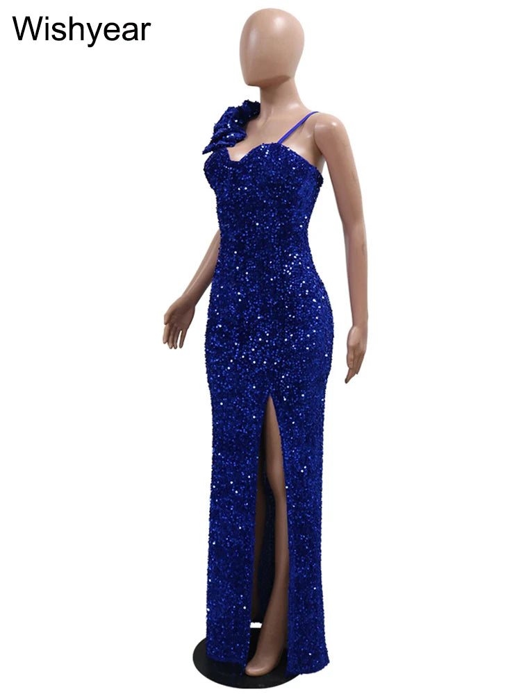 New Sexy Slit Leg Padded Long Cocktail Prom Dress Women‘s Luxury Sequin Strap Evening Party Wedding Gown Birthday Night Vestidos