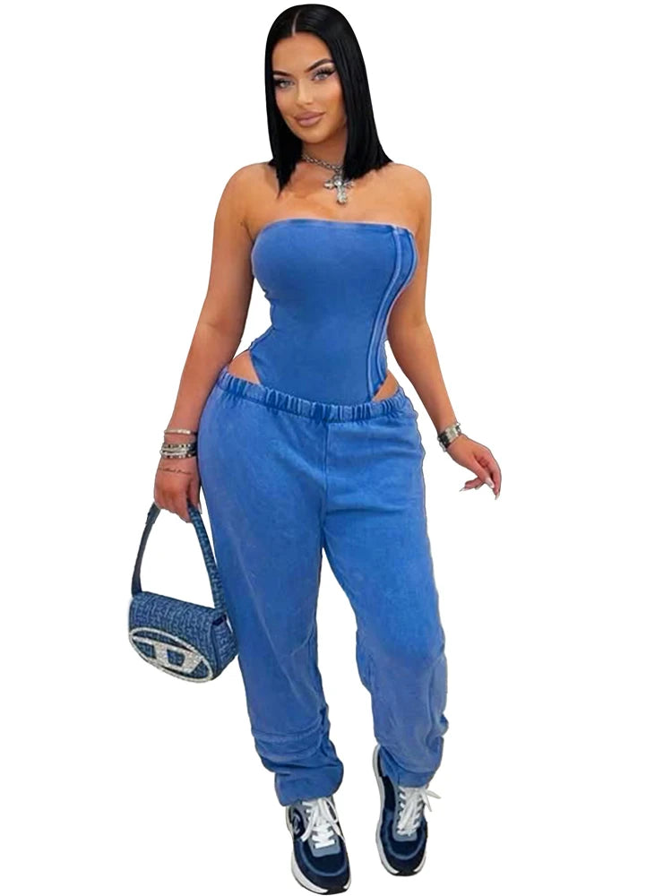Sexy Tracksuit Cotton Washed Strapless Bodysuit and Jogger Pants Set 2025 Trendy Women Clothes Jogging Suit 2 pcs Two Piece Sets