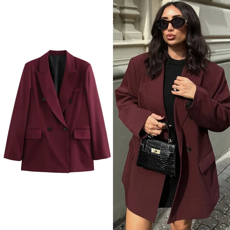 Elegant Blazers Women Office Wear Burgundy Long Blazer 2025 New Spring Casual Loose Suit Jackets Long Sleeve Business Outerwear