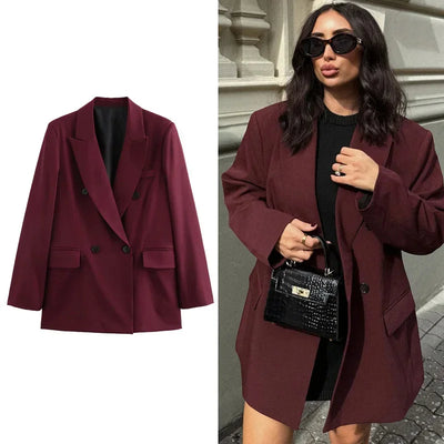 Elegant Blazers Women Office Wear Burgundy Long Blazer 2025 New Spring Casual Loose Suit Jackets Long Sleeve Business Outerwear