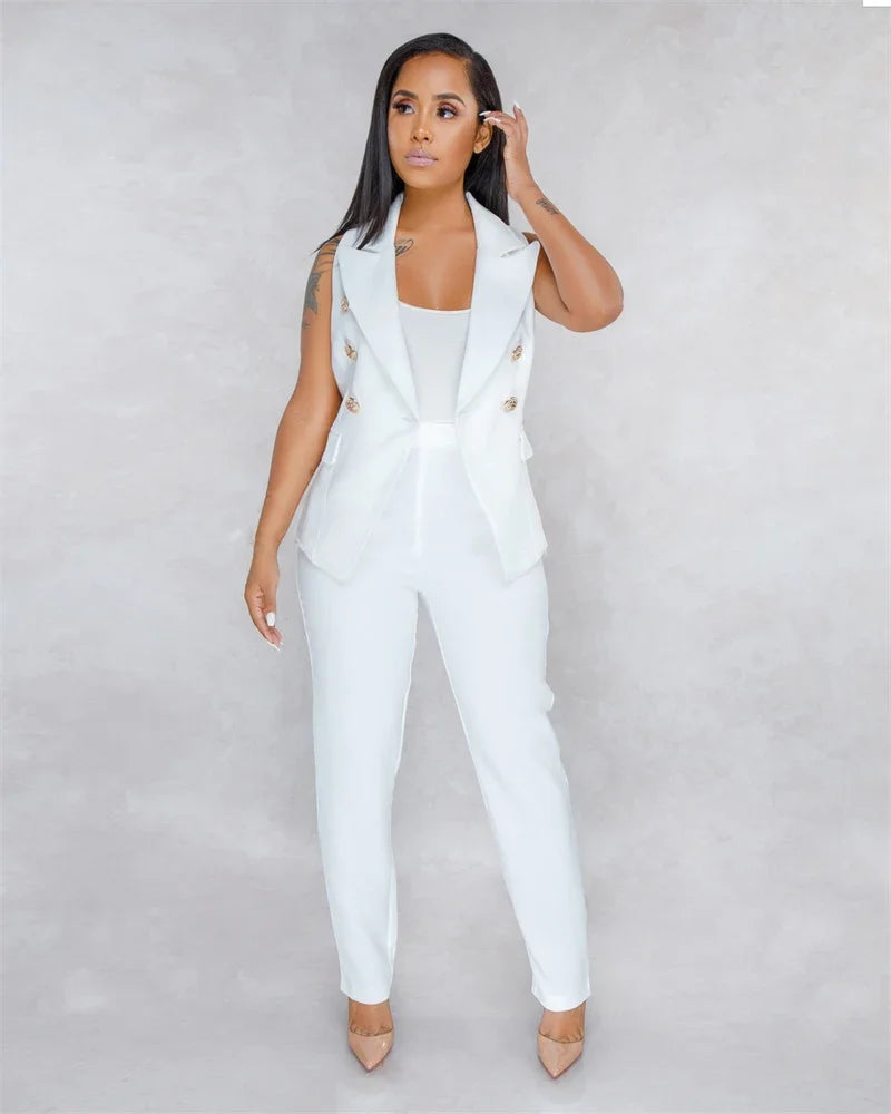 Business OL Work Wear Two Piece Pant Suits for Women Set Elegant Sleeveless Blazer Top + Pencil Pants Office Lady Matching Sets