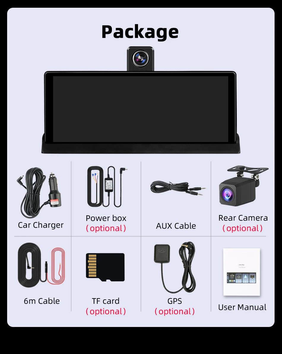 Develuck 10.26" Car DVR 350° Adjustable Carplay Android Auto Dash cam 4K Front&1080P Rear Camera Voice Control WIFI Dual lens FM