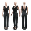 New 2025 Summer Women V Neck Sleeveless Elegant Straight Jumpsuits Edible Tree Fungus Sexy Birthday Party Jumpsuit Rompers Black