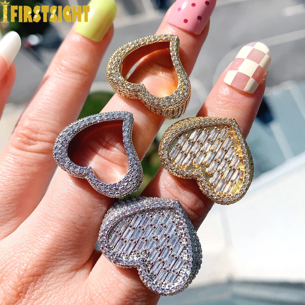 New Full Iced Out Bling Hollow Heart Ring Gold Silver Color 5A CZ Micro Pave Cubic Zircon Rings Hip Hop Punk Men Women Jewelry