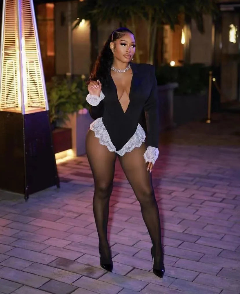 Joskaa Women Lace Patchwork Black Blazer Bodysuits Sexy Deep V-Neck Long Sleeve One Piece Rompers Coquette Midnight Clubwear