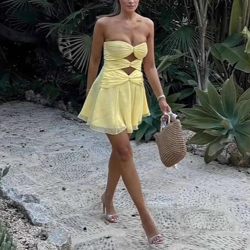 Female Solid Pleat Party Dress Women High Street Cocktail Mini Dress Sexy 2025 Strapless Night Club Hollow Backless Mini Dress
