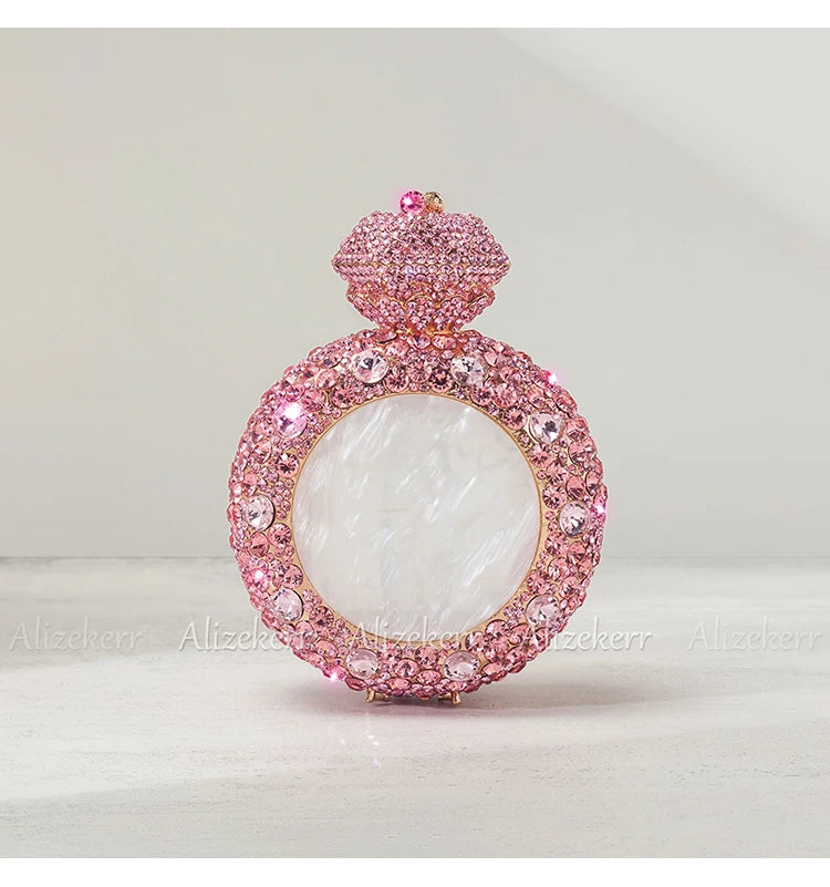 Alizekerr Perfume Bottle Shaped Crystal Evening Bags Women Gorgeous Classy Rhinestone Round Metal Clutch Purses Wedding Party