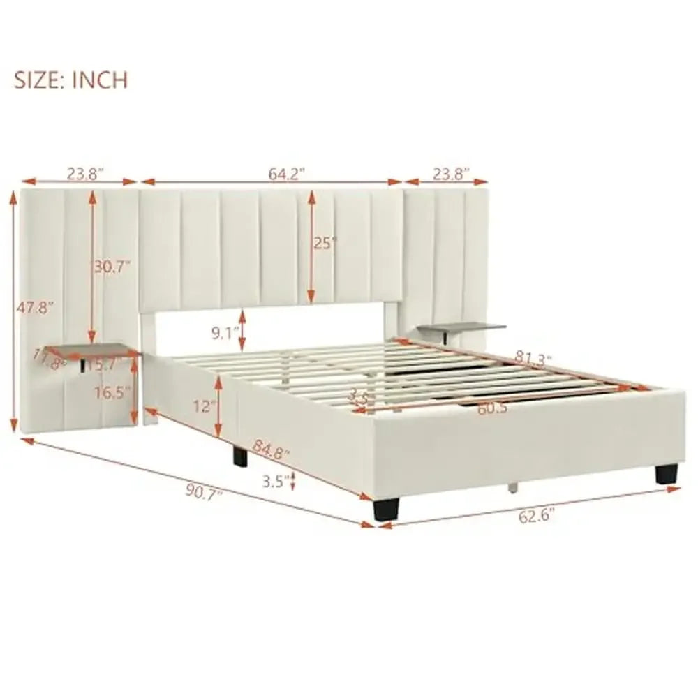 Queen Size Upholstered Platform Bed Velvet Fabric Big Headboard Wooden Frame Bedroom Storage Slat Support No Box Spring Needed