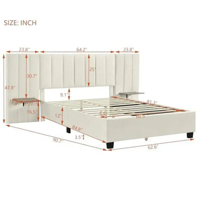 Queen Size Upholstered Platform Bed Velvet Fabric Big Headboard Wooden Frame Bedroom Storage Slat Support No Box Spring Needed